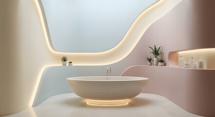 Serene modern bathroom featuring a round freestanding tub, curved walls with recessed LED lighting, and minimalist decor in soft pastel colors. Ideal for luxury spa and wellness concepts.