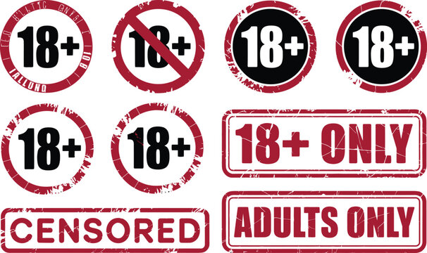 Collection of red 18 plus and censored warning signs