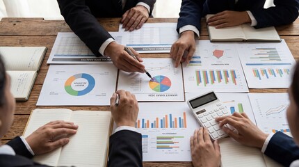 Business professionals analyzing market data and financial reports together around a wooden table with calculators and notebooks on transparent background