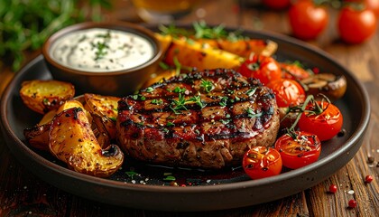 Grilled beef steak with roasted tomatoes and potato wedges on dark plate