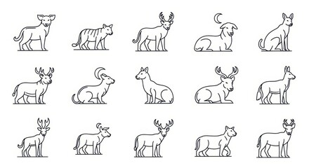 Collection of Line Art Animals Icons: Deer, Ram, Dog, and More