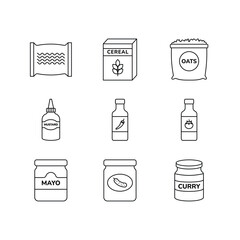 Kitchen condiments and instant food line art icon set
