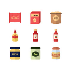 Kitchen condiments and instant food flat color icon set
