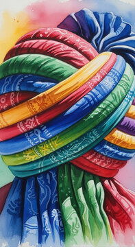 Vibrant Sikh turban with intricate patterns set against an isolated white background, showcasing a colorful and artistic composition