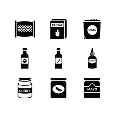 Kitchen condiments and instant food solid glyph icon set

