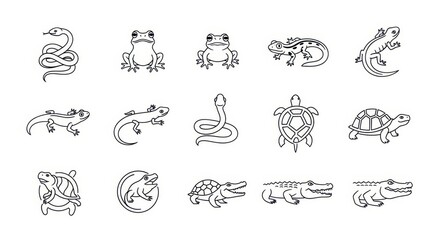Collection of Reptile and Amphibian Icons: Snake, Frog, Lizard, Turtle, Crocodile