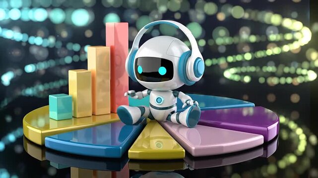 Cute robot with headphones on a pie chart and bar graph, representing data analytics and technology