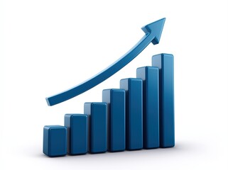 Blue bar chart with columns of increasing height and an arrow pointing up, representing business success and financial growth