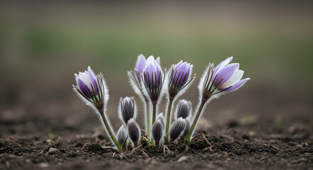 Spring prairie smoke flowers blooming in soil for nature photography