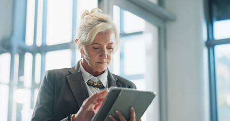 Business woman, financial planner or schedule with tablet for project budget or agenda in office....