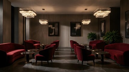 Sophisticated hotel lobby or private club interior featuring plush red velvet armchairs, marble floors, and modern crystal lighting. Perfect for upscale hospitality and design concepts.