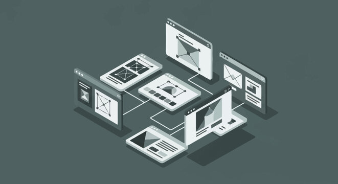 Isometric illustration of various digital devices displaying different screens.