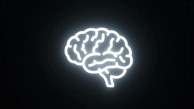 A white neon brain is centered on a black background its glow radiating slightly into the surrounding darkness