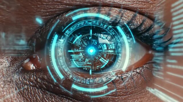 Intense biometric security, Hightech eye with dynamic overlays, Closeup of eye with holographic access features, Detailed image of eye with security scans and data visuals