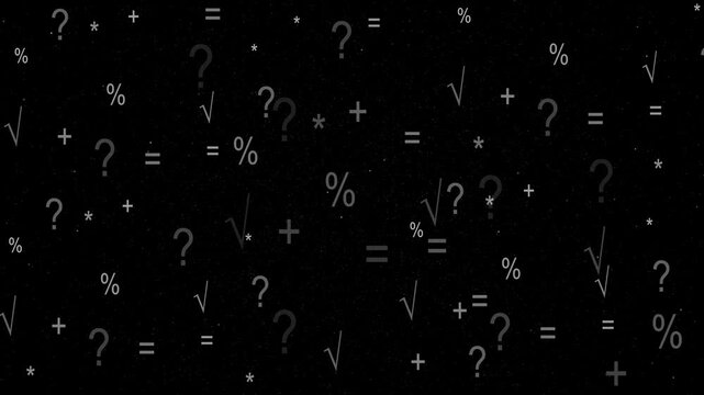 Abstract dark background with mathematical symbols like percent, plus, equals, and question marks floating in space, digital technology concept