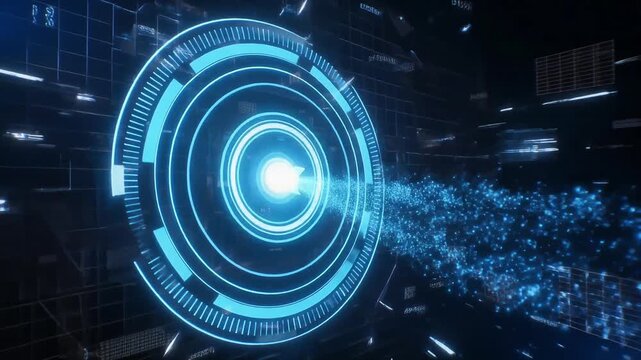 Digital target with an arrow hitting the center, symbolizing precision, goal achievement, data analytics, and business success in a futuristic interface.