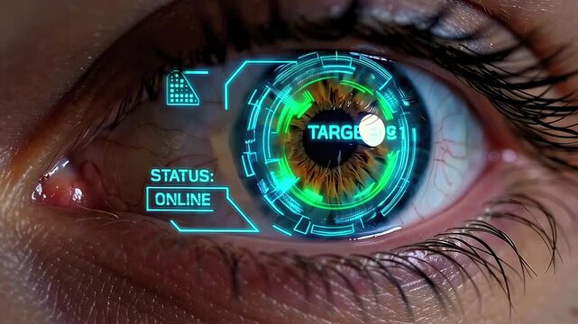 Closeup eye target status online overlay with amber ring and hud indicators, iris mapping, monitoring atmosphere, tense surveillance mood and precise authentication graphics scanning pupil