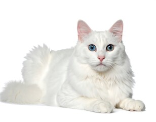 A white cat with blue eyes lies down on a plain surface