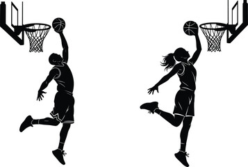 Male and female basketball player silhouettes performing powerful slam dunks, dynamic sports action vector illustration isolated on white background © Md