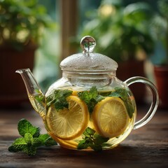 Glass teapot with lemon and mint infusion
