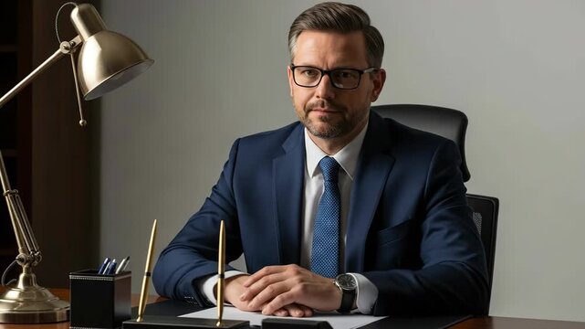 Businessman in a suit explaining work strategy from office desk with gestures