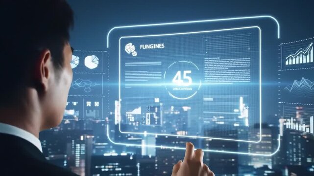 A businessman flicking a holographic screen to send a document. High-speed data animation