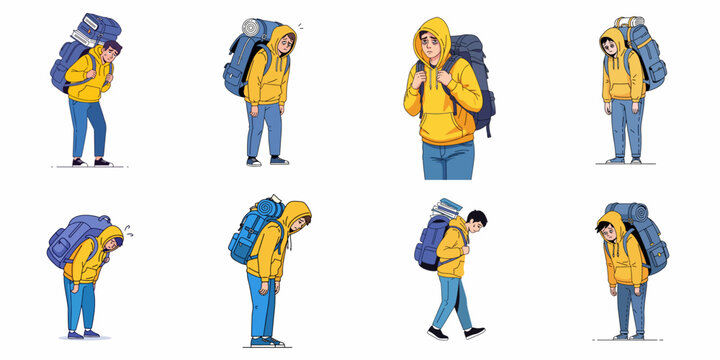 Vector illustration set showing a tired student or traveler carrying a very heavy, oversized backpack, symbolizing burden, exhaustion, and overwhelming stress.
