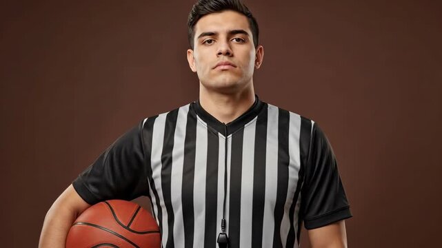 Confident basketball referee holding ball with determined expression against brown backdrop