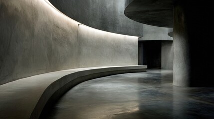 hardness. Minimalist interior with smooth concrete surfaces and neutral tones, softly lit with directional lighting. real-estate listings.