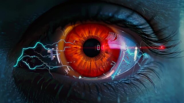 Closeup eye electric arcs alert with red and green iris shifts, dramatic surge visuals, sparking hud lines, tense atmosphere suggesting system breach and urgent defensive response
