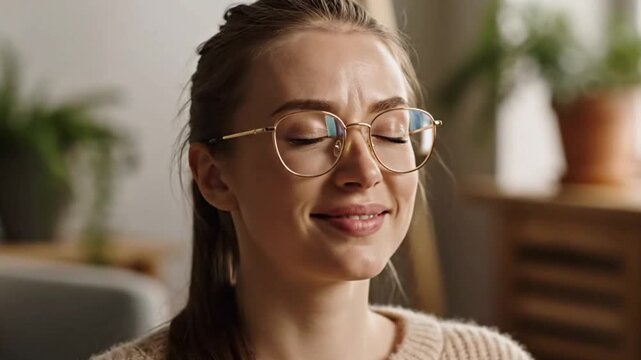 Calm Woman Exhales Slowly, Eyes Closing Then Opening in Peaceful Breathing Loop