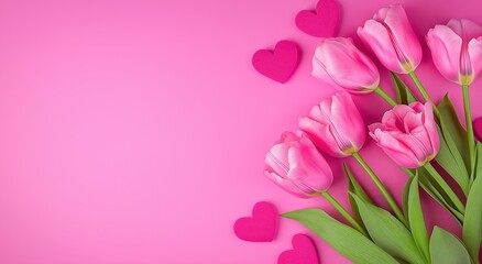 Pink tulips and hearts, arranged on a vibrant pink background. Representing love, romance, and special occasions with space for text