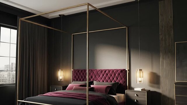 Luxurious bedroom with a four-poster bed, deep red velvet headboard, and elegant gold accents
