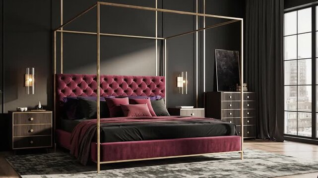 Luxurious deep red tufted canopy bed with elegant gold frame in a modern bedroom