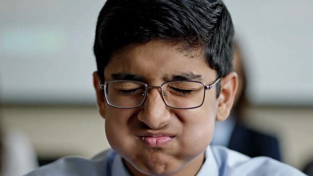 Close-Up Person Fighting Laughter During Serious Moment, Sparkling Eyes, Playful Tension Loop