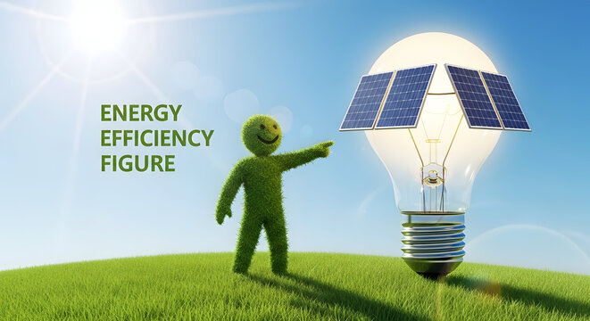 3D Render of Green Humanoid with Solar Panel and Lightbulb &ndash; Renewable Energy and Environmentally Friendly Concept