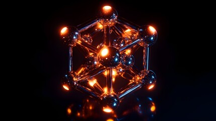 Abstract glowing metallic molecule structure symbolizing complex scientific research or advanced technology framework against a dark void background suggesting deep space.