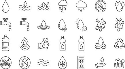 Fototapeta premium Set of water line icons, drop, rain, faucet, bottle, recycle, nature, drink, liquid, plumbing, ecology, vector illustration collection isolated on white.