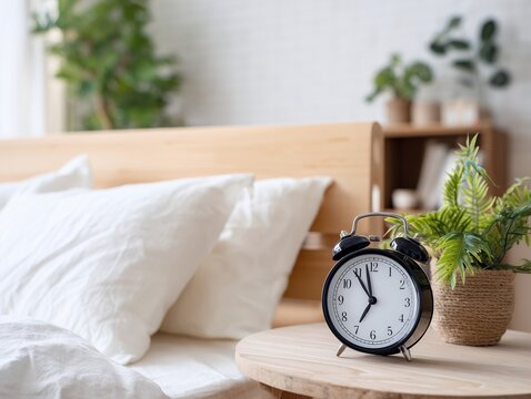 ベッド横の目覚まし時計と観葉植物が整える心地よい朝を迎える寝室空間