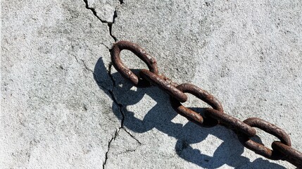shackle. A single broken chain link on a rough concrete surface, strong side lighting creates dramatic shadows. safety posters.