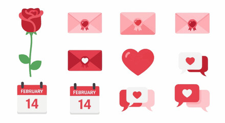 Valentine's Day celebration icons featuring rose, love letter, heart, envelope, calendar
