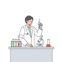 Scientist in Lab Coat Holding Test Tube with Blue Liquid, Microscope and Flasks