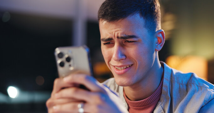 Sad, confusion and man in house with phone, scam alert or cybercrime in online message. Digital, worry and male person in home with crisis, fraud warning and phishing scheme in email update.