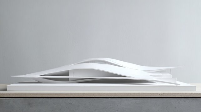 maquette. A white plaster architectural model with a parabolic curve. real-estate listings, architecture portfolios, designed for real-estate listing and luxury residence showcases.