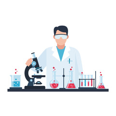 Scientist in Lab Coat Using Microscope with Chemistry Equipment, Research and Discovery