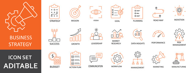 Business Strategy and Planning Solid Icon Set for Mission, Vision, Roadmap, and Risk Management Vector EPS, Business Strategy and Planning Icon Set EPS