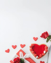 Obraz premium Heart shaped cake with red frosting, a wrapped gift, loose hearts, and a red rose, creating a romantic celebration