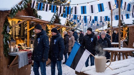 Naklejka premium Winter market with Estonian flags and hot drinks in snow