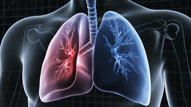 An illustration shows a human torso revealing a pair of lungs colored red and blue connected by a trachea