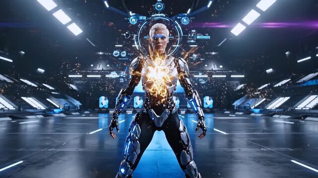 Futuristic robot fighters engage in intense electrifying combat scenes, Hightech android warriors clash vividly in energetic battles filled with sparks and luminous effects